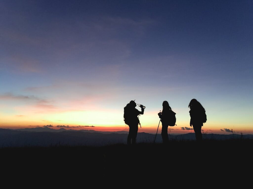 Gruppe von Wanderern Sonnenuntergang Wie gefährlich sind wilde Tiere für Wanderer