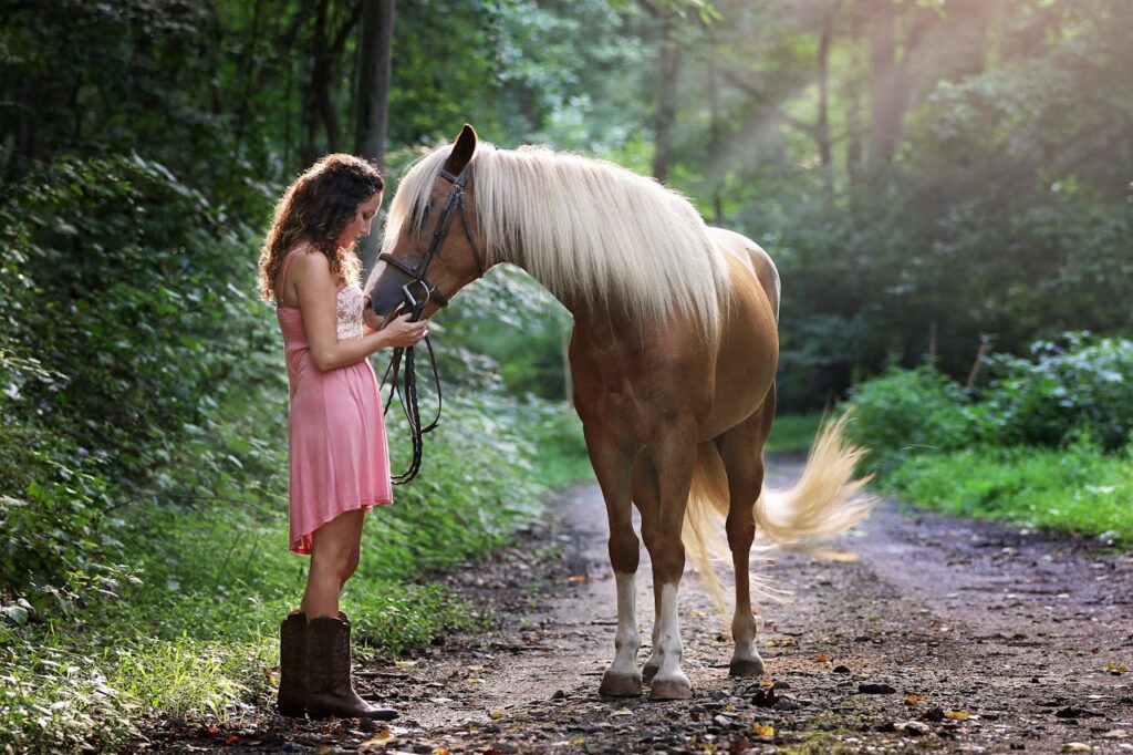 Pferd Frau Waldweg Wandern mit Pferd Diese Ausrüstung sollte nicht fehlen